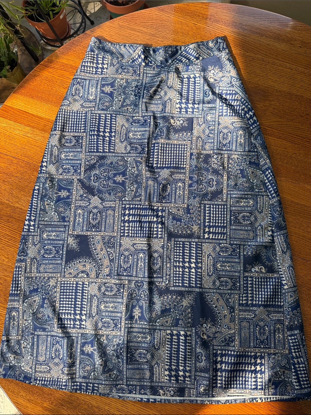 Blue Patchwork Print Midi Skirt